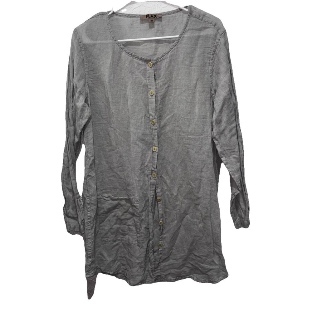 FLAX Linen Tunic Top Medium Gray Button Front Long Sleeve Made Lithuania Boho